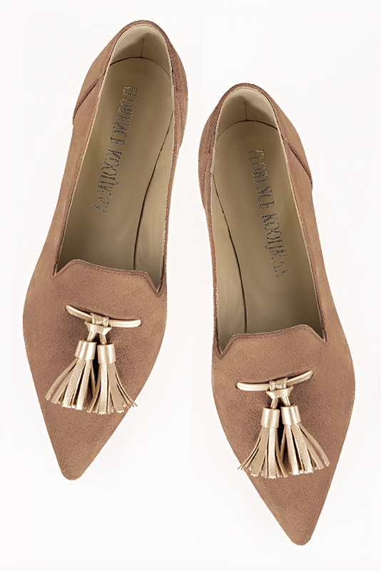 Biscuit beige and gold women's loafers with pompons. Pointed toe. Flat flare heels. Top view - Florence KOOIJMAN